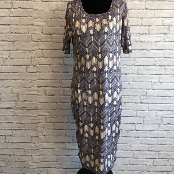 LuLaRoe Dresses & Skirts - Lularoe Julia indigo & cream geometric dress L